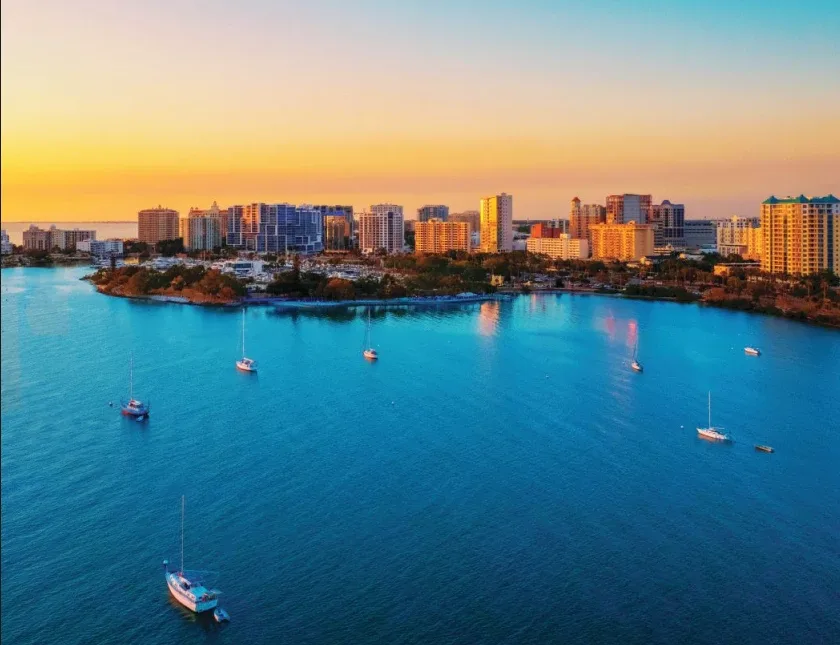 Sarasota, Florida waterfront skyline at sunset