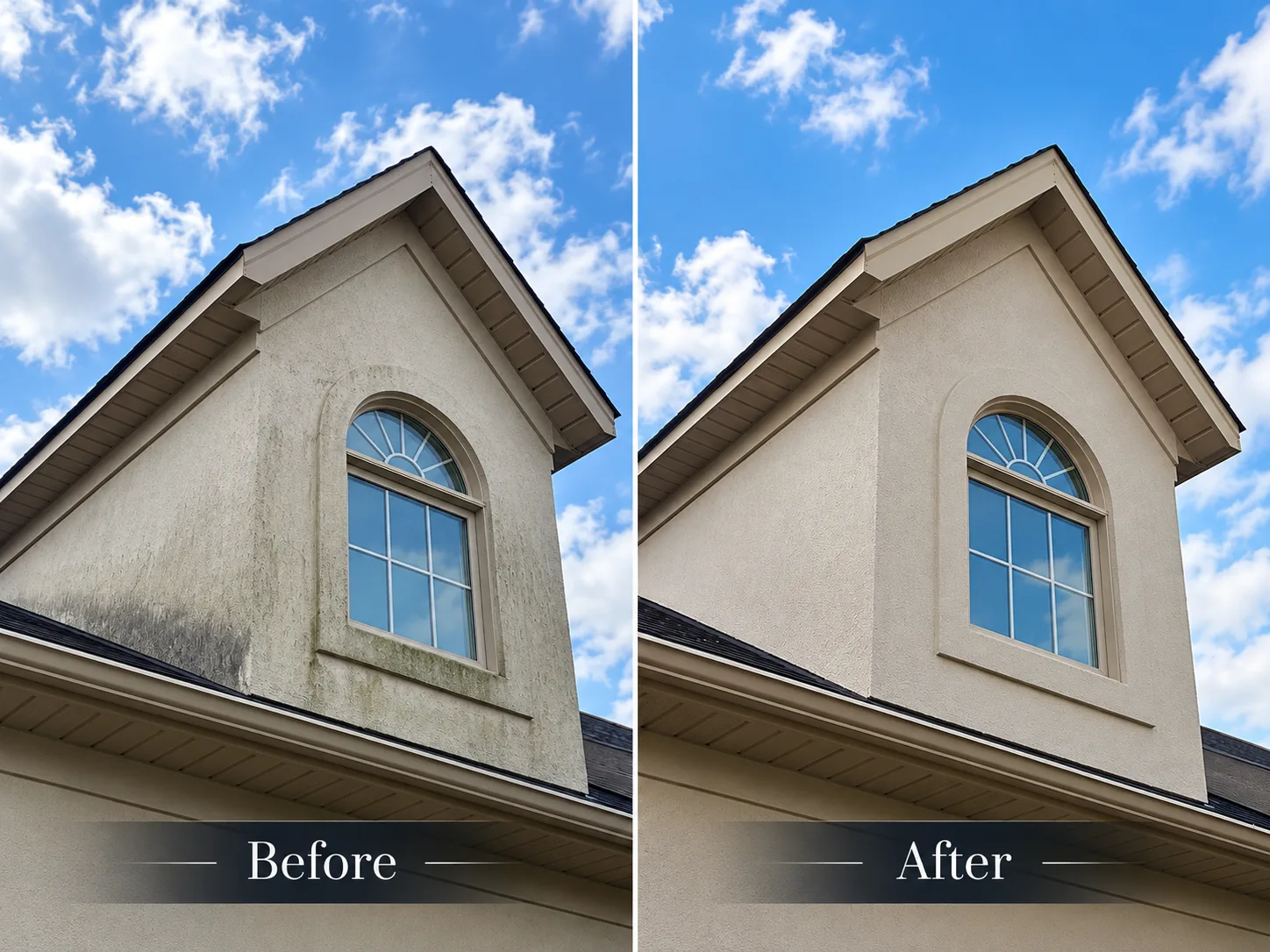 Before and after: a stucco dormer streaked green and black with algae and mold, then the same dormer repaired and refinished in a clean uniform color
