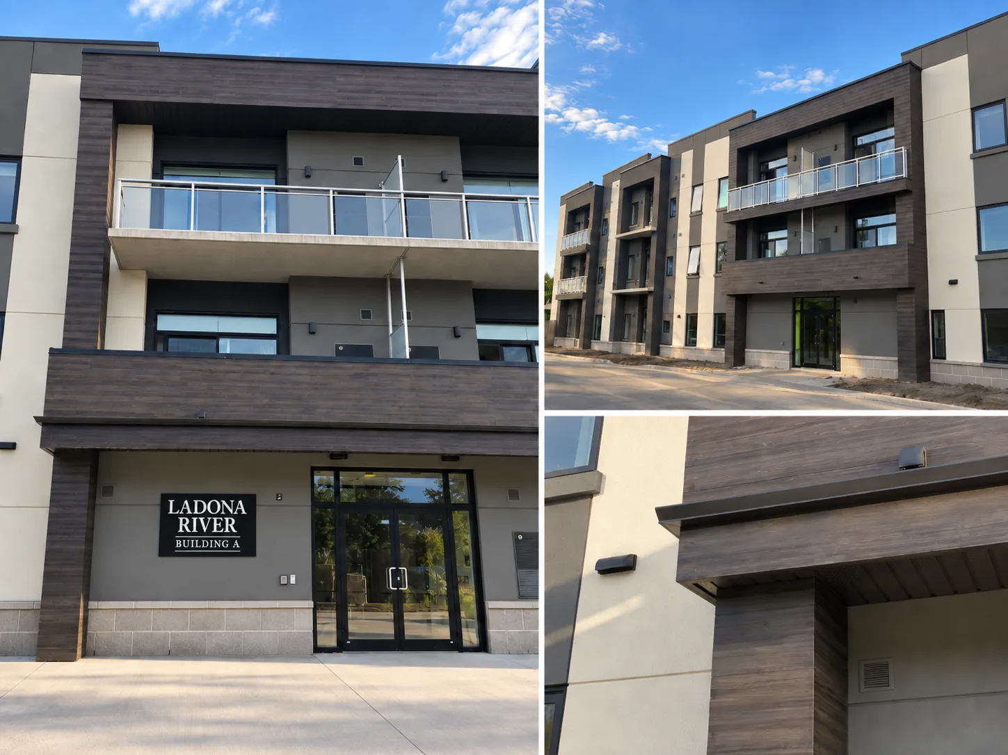Ladona River Apartments: three-story building with gray and cream EIFS walls and dark StoCast Wood faux wood on the entry, balconies, and columns