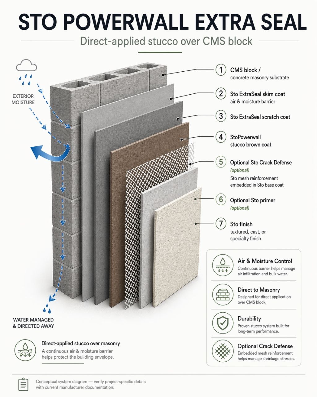 Layer diagram of a Sto direct-applied stucco system over concrete block: ExtraSeal barrier, scratch coat, StoPowerwall brown coat, optional mesh, primer and finish